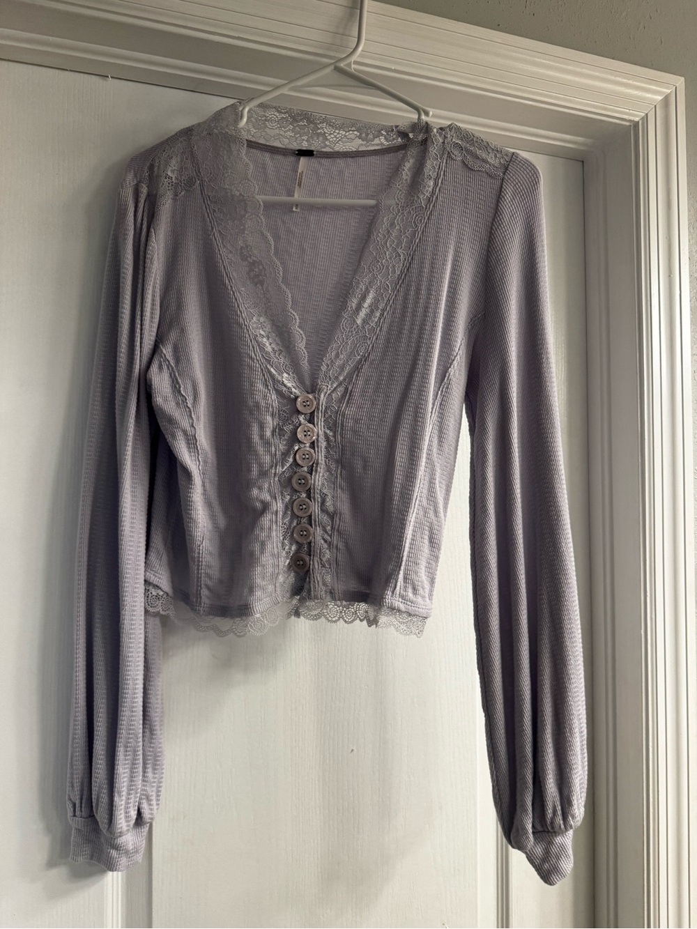 Free People Lace-Trim Long Sleeve Button Front Top - Light Lavender